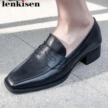 

Lenkisen British style low heels slip on women pumps genuine leather comfortable daily wear campus large size dating shoes L88