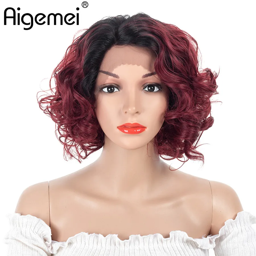 

Aigemei Short Curly Bob Wig For Women Lace Front Side Part Wigs Heat Resistant Synthetic Full Head Hair Wig 10 Inch