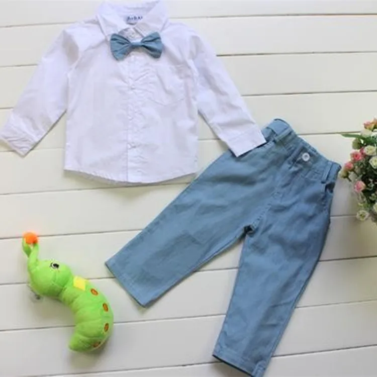 В Весна и Осень мальчиков английский джентльмен два-Костюм из нескольких предметов система ремней для переноски ребенка рубашка с галстуком джинсы оптом