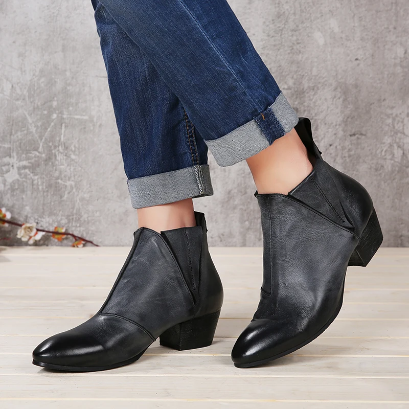 

2018 New Arrival Boots Women Genuine Leather Short Boots Ladies Thick Heel Handmade Retro Pointed Toe Elastic Band Women Shoes