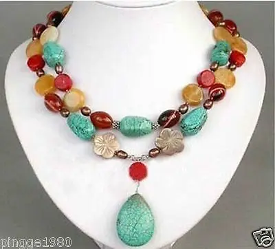 

Hot sale Free Shipping>>Beautiful turquoise coral agate colorful necklace