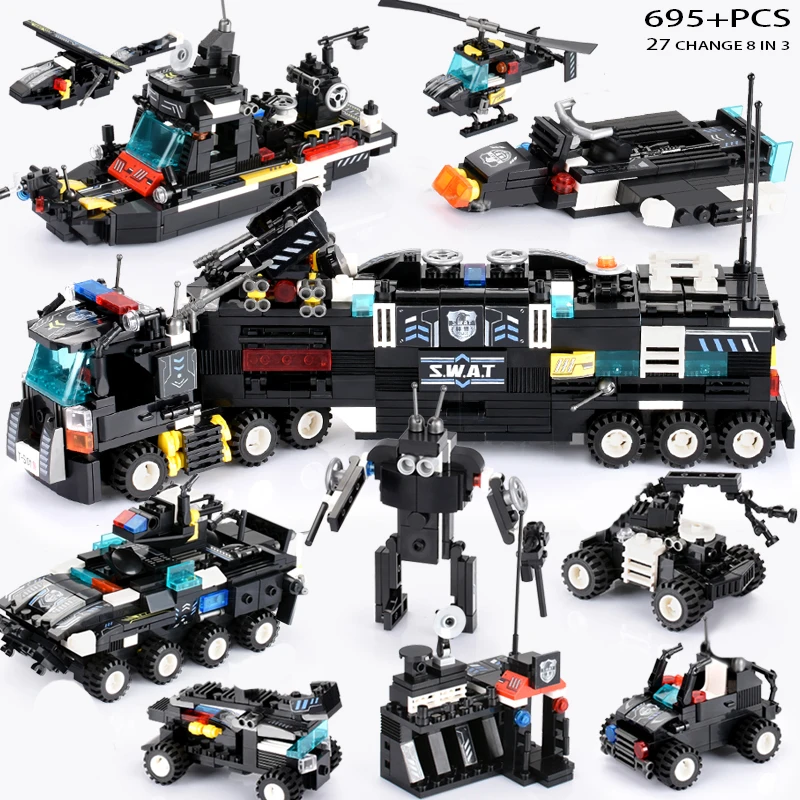 Najtaniej 8 sztuk partia 695 sztuk policja miejska SWAT Building Blocks kompatybilny LegoINGlys miasto bloki Technic cegły Playmobil zabawki dla dzieci