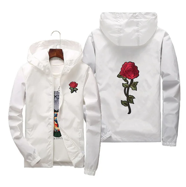 US $14.68 Women Basic Jackets 2020 Spring Women Hooded Jacket Coats Embroidery Rose Causal Men windbreaker Li