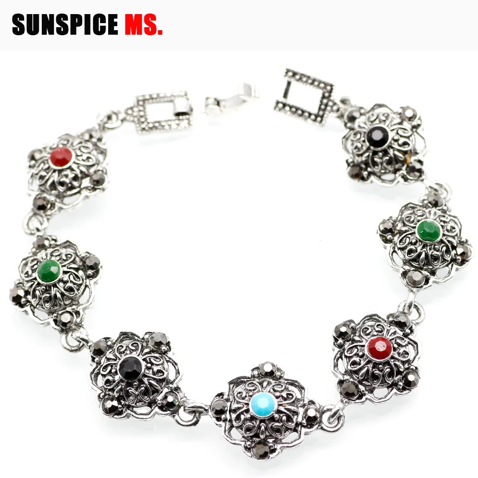 SUNSPICE MS, индийский женский винтажный браслет, Богемские Этнические украшения, серебряный цвет, браслеты из смолы, ювелирные изделия с кристаллами