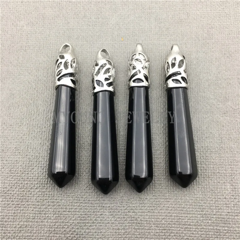 MY0610 Onyx Spike Pendant with Silver Plated Incised Cap ,Stick Charm Black Agates Pendant For Jewelry (1)