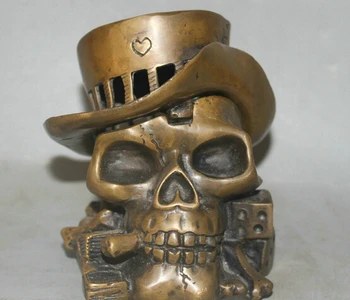 

Free shipping 5" China Bronze Skeleton Death's-Head Smoking Skull Head Hat Art Statue R0711 Discount 35%