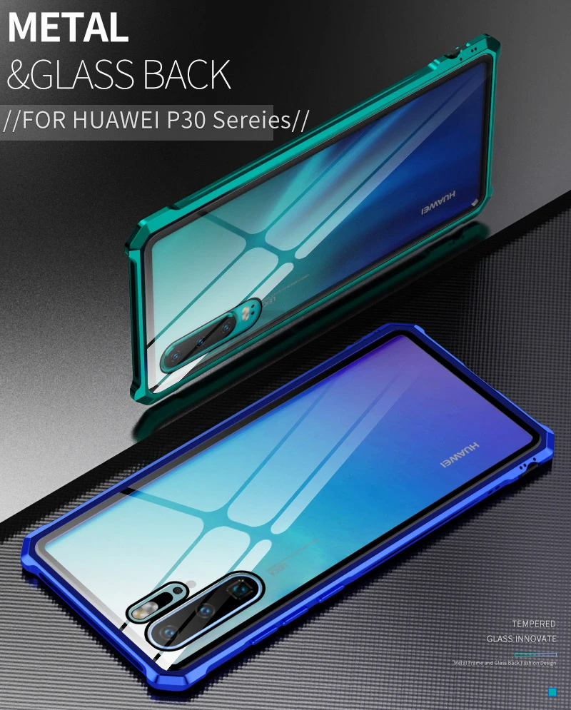 Алюминиевый металлический чехол-бампер для huawei P30 Pro Lite, Противоударная рамка, прозрачная 9H стеклянная задняя крышка, huawei P30Pro чехол s P30Lite