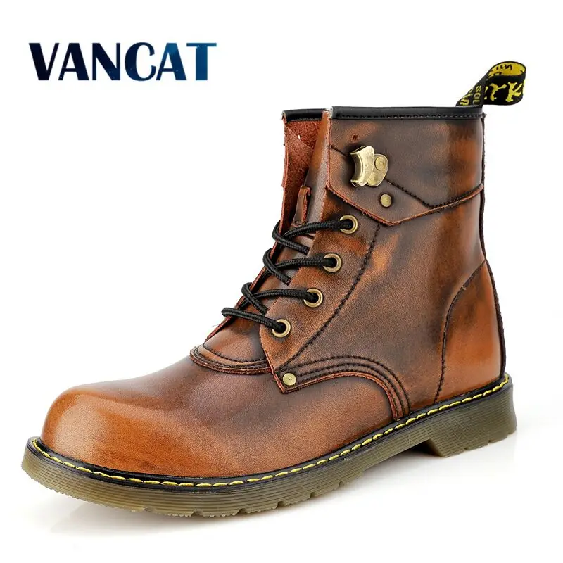 Comprar Vancat marca cuero de vaca dividido otoño invierno cálido piel Vintage moto botas hombre equitación zapatos hombres nieve tobillo botas altas para hombre