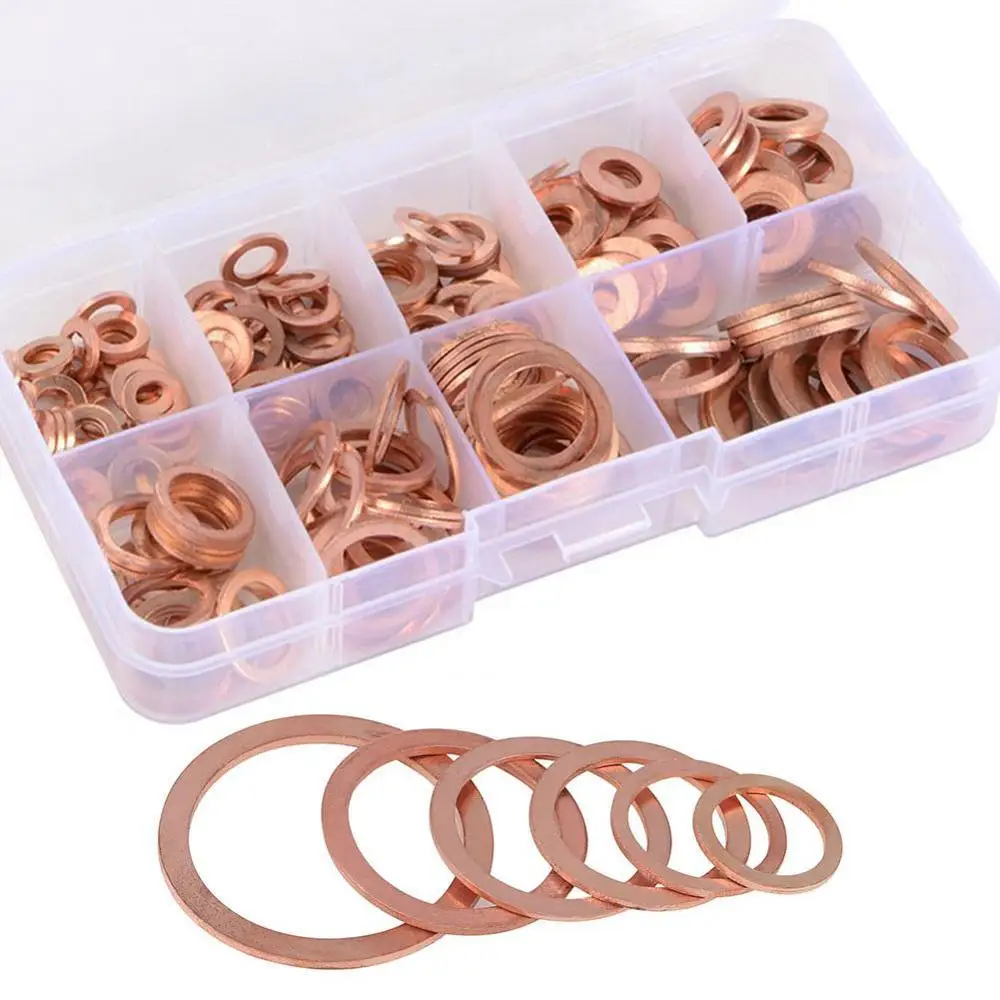 

200PCS Copper Washers Gasket Set 9 Sizes M5/M6/M8/M10/M12/M14 Flat Ring Seal Kit With Plastic Box XF30
