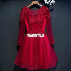 Красный длинный рукав, аппликация кружево Выпускные платья короткие 2019 Вечеринка платье формальное платье vestido de festa