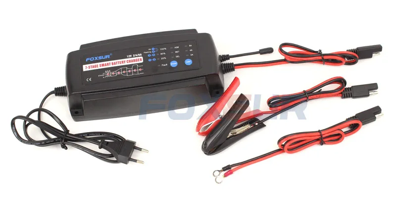 FOXSUR 12V 2A 4A 8A 7-stage smart Battery Charger, GEL WET AGM  Battery type & Charge current selectable,  Car battery charger