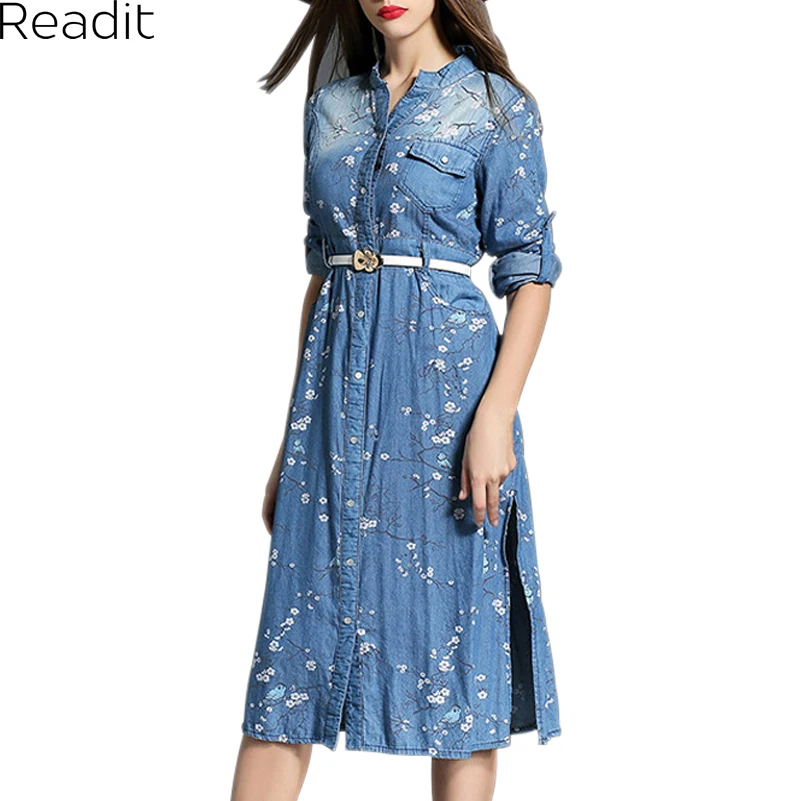 Floral Printed Denim Dress For Women 