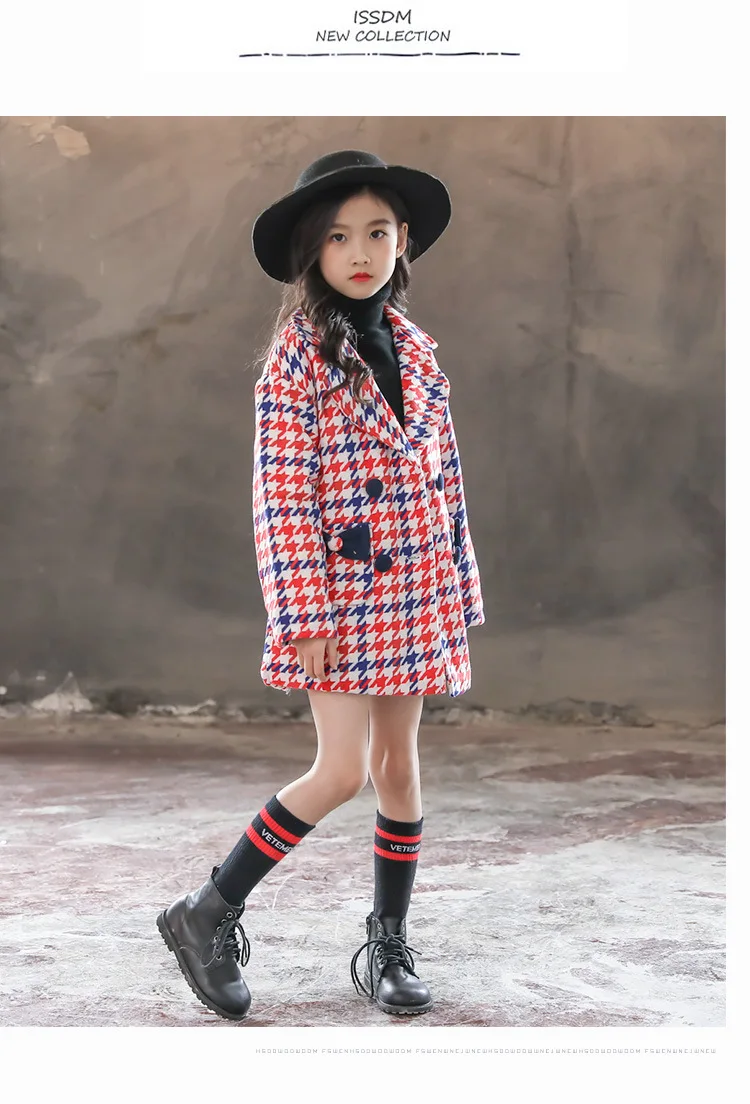 

Kids girl plaid winter new fashion wool coat for girls Teens autumn jacket warm long outerwear Children Windproof