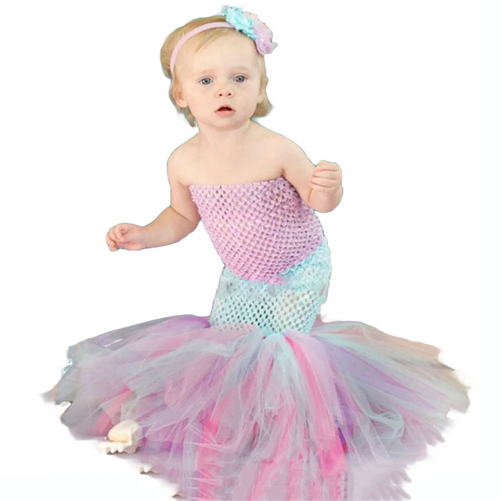 Платье Морской принцессы Ариэль; лоскутный топ из полиэстера; фатиновая юбка-пачка «рыбий хвост»; платье для маленьких девочек; детская одежда «Русалочка» Ариэль