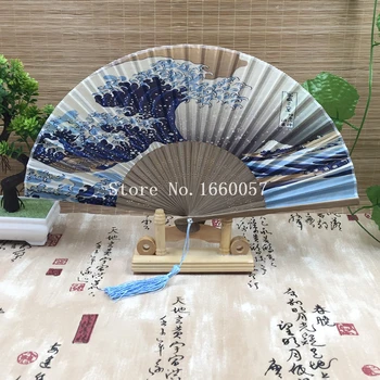 

50pcs Wedding Favors Japanese Mount Fuji Kanagawa Blue Waves Silk Fan Bamboo Foldable Hand Fan Portable Fan+Free Shipping