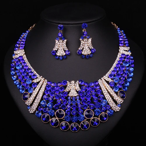 Royal blue crystal rhinestone wedding bridal evening party jewelry set gold plated bride
