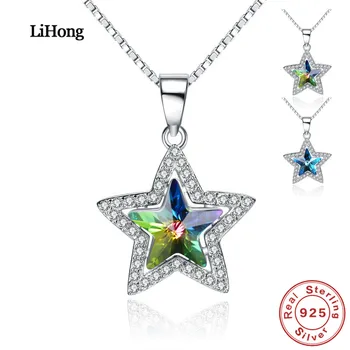 

100%925 Sterling Silver Pentacle AAA Zircon Austrian Crystal Pendant Wedding Accessories Women Necklace