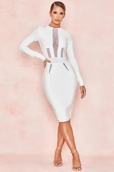 

White Bandage Dress Long Sleeve O-Neck Fashion Night Club Party Dresses Sexy Women Bodycon