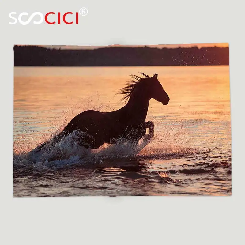 

Custom Soft Fleece Throw Blanket Equestrian Horse Sea at Sunset Time Horizon Speed Exotic Nature Animal Picture Art Salmon Dark
