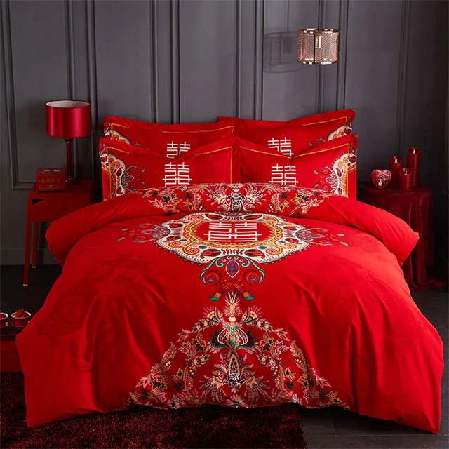 Luxury oriental wedding Bedding sets Red Royal Bedclothes Queen KIng