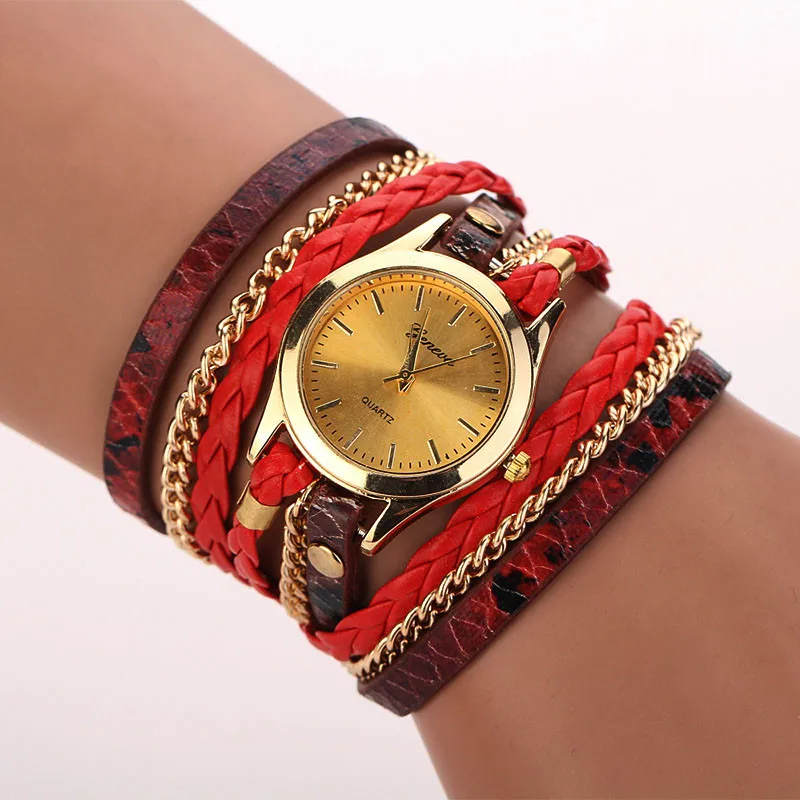 Новинка, хорошее качество, модные женские часы, люксовый бренд, женский браслет с леопардовым принтом, кварцевые плетеные наручные часы с обмоткой - Цвет: Красный