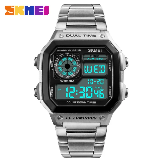 digital watch with metal strap