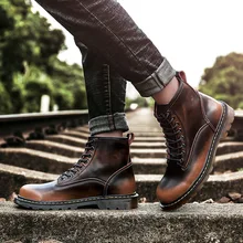 Модные мужские мотоциклетные ботинки в стиле ретро для отдыха, ботильоны с круглым носком, ботинки на шнуровке, однотонная зимняя Рабочая обувь