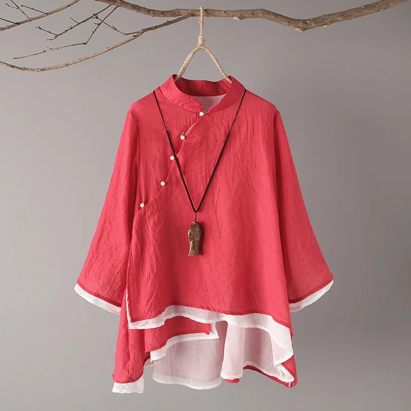 Высококачественная Асимметричная винтажная женская блузка, хлопковая двухслойная косая жемчужная пуговица, одноцветная Осенняя женская рубашка, художественная одежда