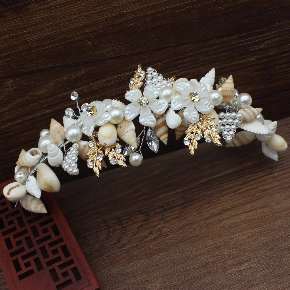 

Handmade Shell and Pearl Wedding Bridal Tiara Headbands For Women Prom Flower Headpiece Wedding Bride Hair Jewelry Accessories