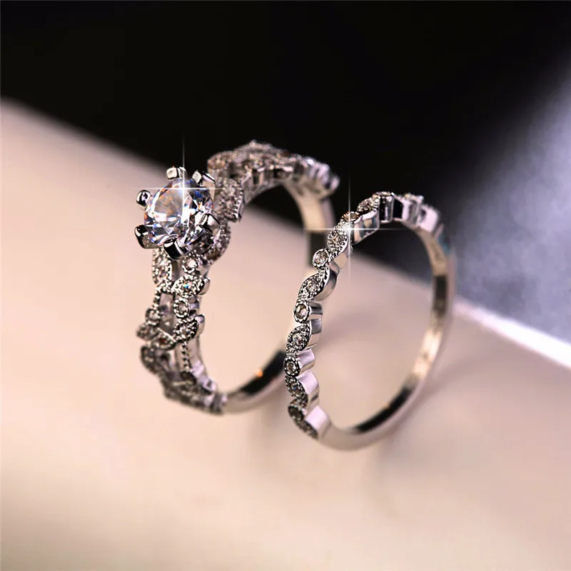 

JUNXIN Boho Female Crystal Ring Set 925 Silver Filled Round White Zirconium Tree Leaf Promise Engagement Rings For Women Jewelry