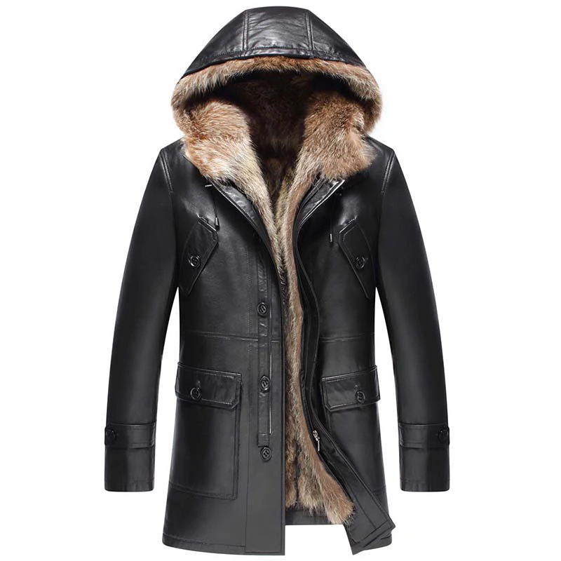 Genuine sheepskin leather jacket men winter fur coat real raccoon fur ...