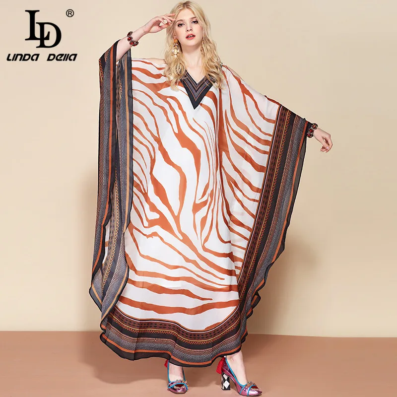 LD LINDA DELLA Fashion Runway 5XL Plus size Dress Women's V Neck Maxi Dress Batwing Sleeve Vintage striped Loose Long Dress
