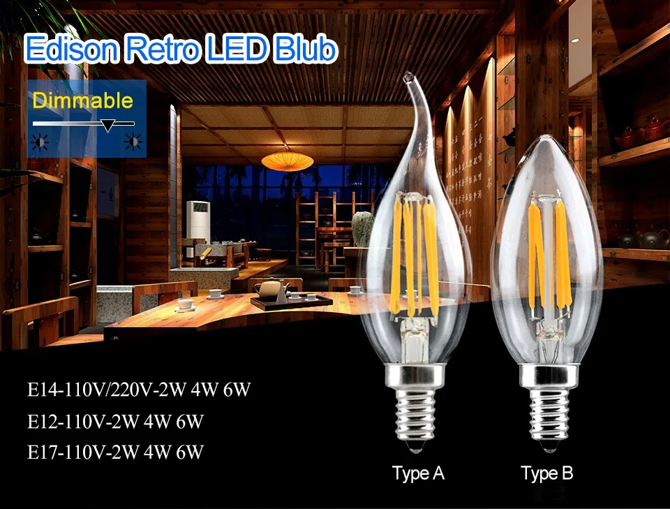 С регулируемой яркостью E14 E12 E17 Лампа накаливания светодиодная 220 V 110 V 2 Вт 4 Вт 6 Вт Светодиодная лампа Edison стеклянная лампочка затемнения нити лампы в виде свечей рождественские огни