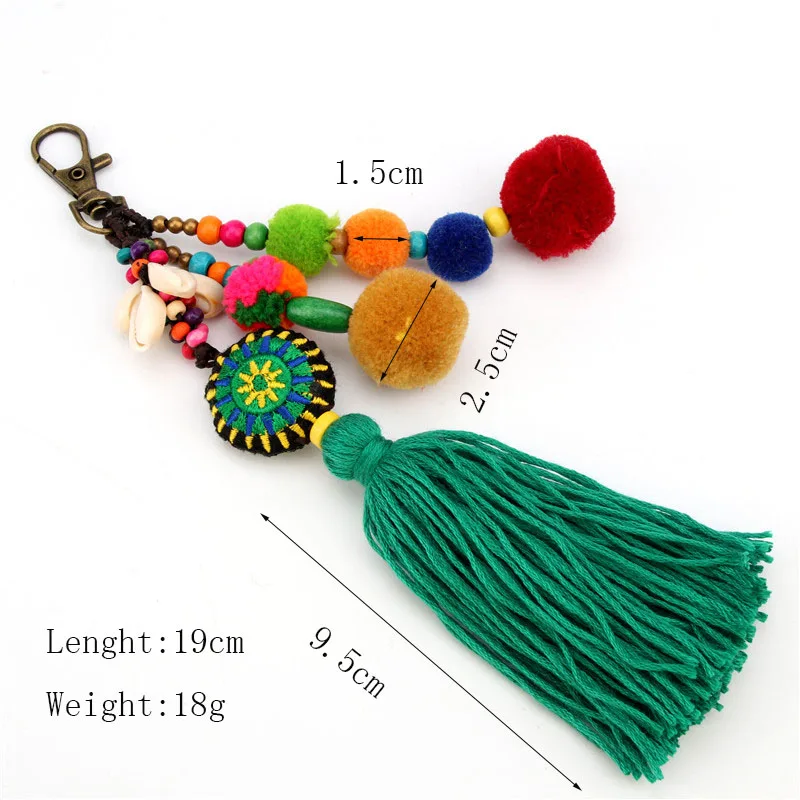 Bohemian Style Wood Beads Key chain Pompon Keychain Pompom Holder Bag Car Hanging Tassel Pendant Keychains Woman Jewelry 41