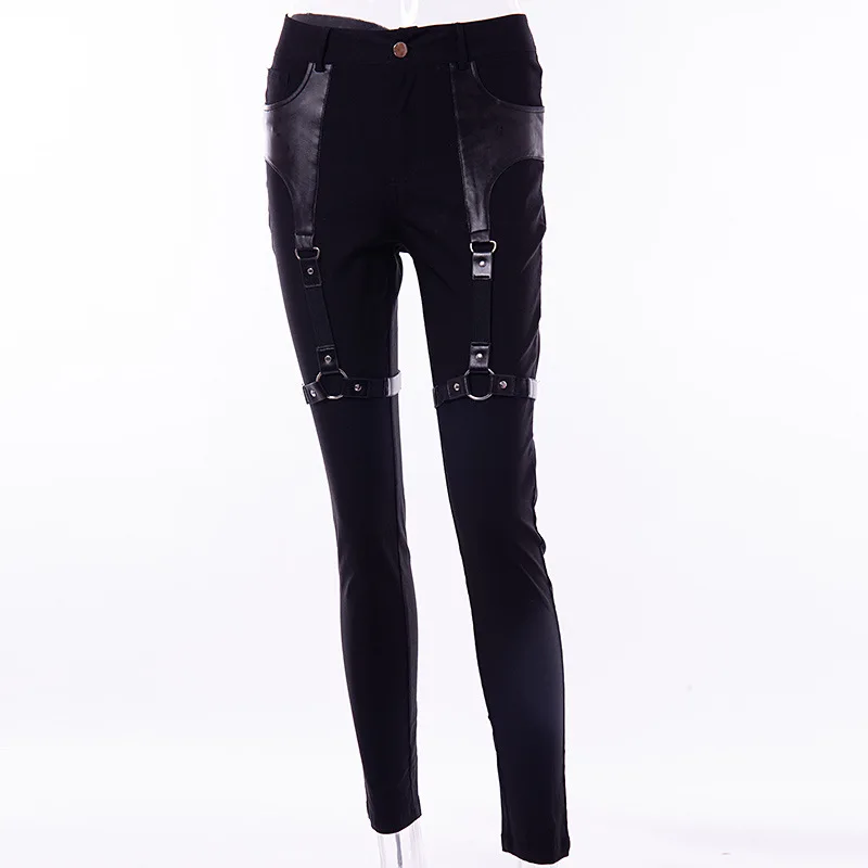 Готические женские брюки, искусственная кожа, пэтчворк, железное кольцо панк-рок, обтягивающие брюки-карандаш,, крутые шикарные женские уличные черные брюки-карандаш