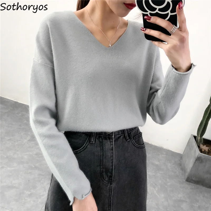 

Pullovers Women V-Neck Knitted Solid Long Sleeve Simple Sweaters Womens Korean Top Soft Sweater Warm Elegant Loose Tops Trendy