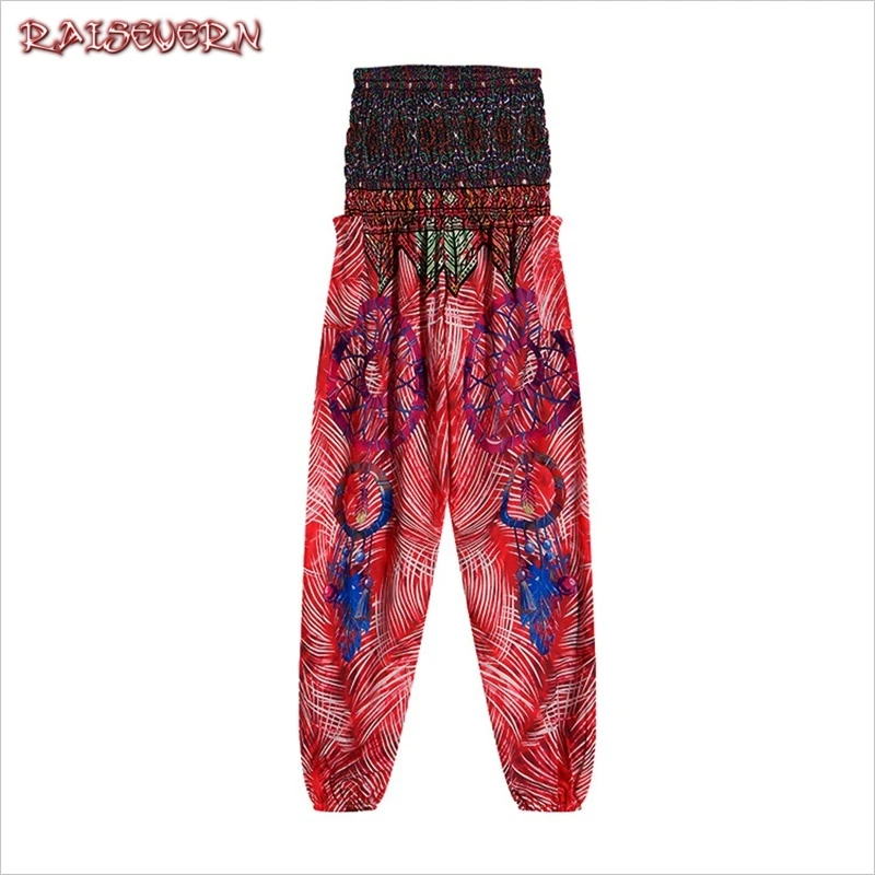 

RAISEVERN Women Soft Loose Thai Harem Pants Indie Folk Boho Festival Hippy Casual Trousers Loose Elastic Waist National Pant