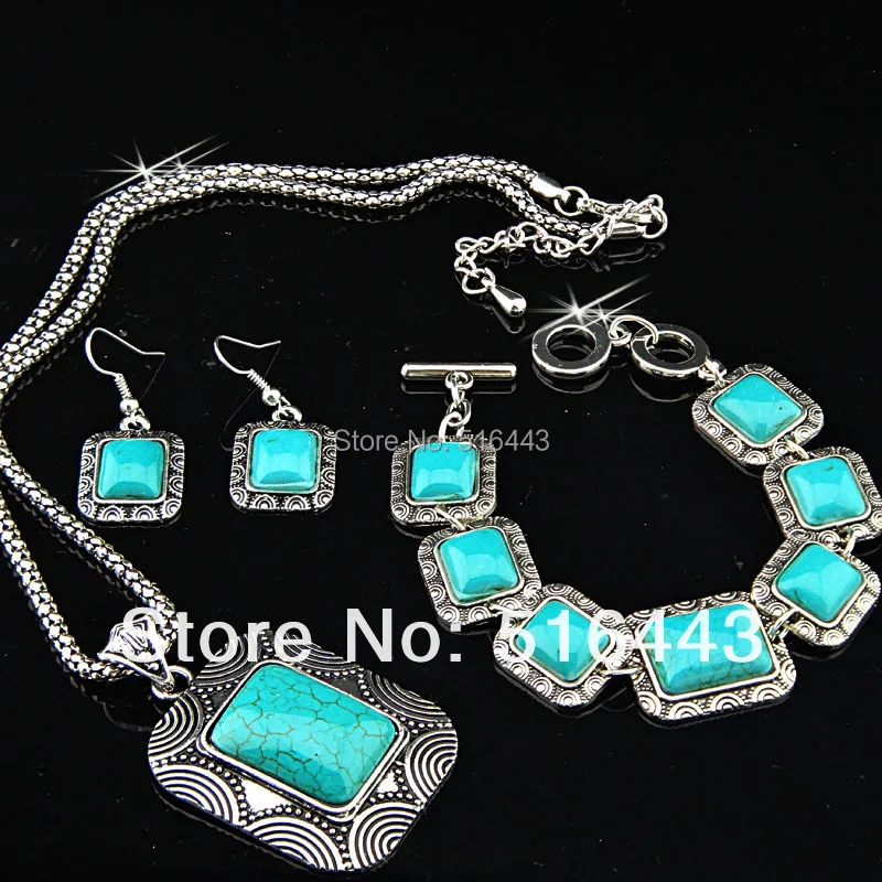 

6pcs Vintage Women Jewelry Set Antique Silver Square Rectangular Turquoise Necklace Earrings Bracelet Sets JS663