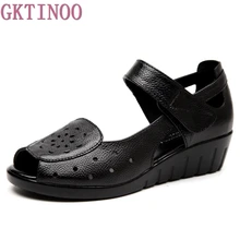 Women Sandals Genuine Leather Breathable Summer Shoes Open Toe Mother Sandals Hollow Out Wedges Women’s Shoes Plus Size 35-42