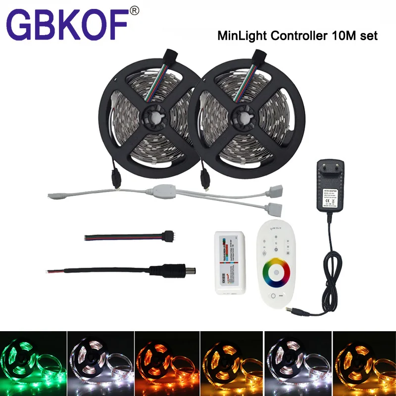 #Best Hot 10M 15M 20M 5050 RGB LED Strip 60leds m Non Waterproof diode tape +RF Touch Remote RGB Controller +AC110 220V DC12V Adapter