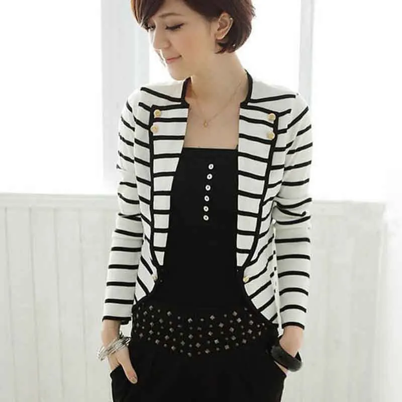 2018 Fashion European & American Style Coat Retro Print Black and White Stripe Jacket Women Women OL Slim Outwear