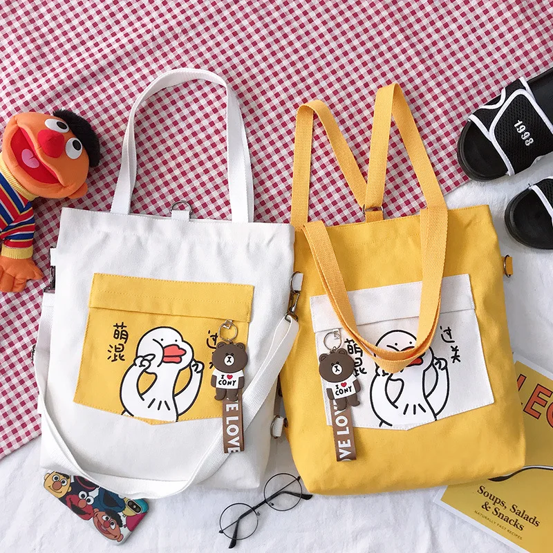 

Hot Bear Decor Woman Shopping Bag Korean Style Crossbody Canvas Totes Multi-function Girls Book Bag Student Bags