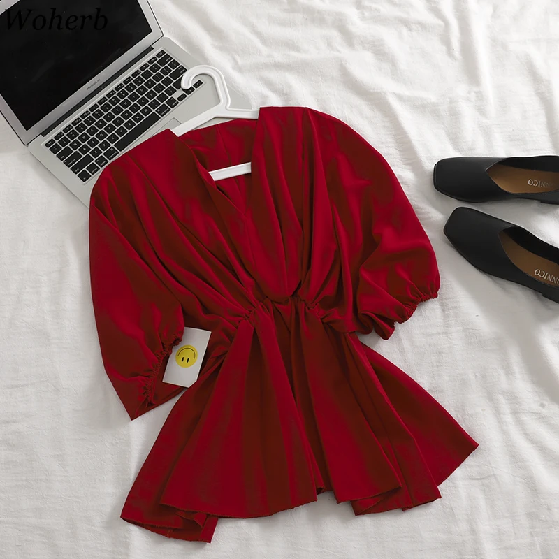 

Woherb Korean Elegant V-neck Blouse Women Casual Loose Summer Blusas 2019 Fashion Solid Shirt Vintage Lantern Sleeve Tops 22023