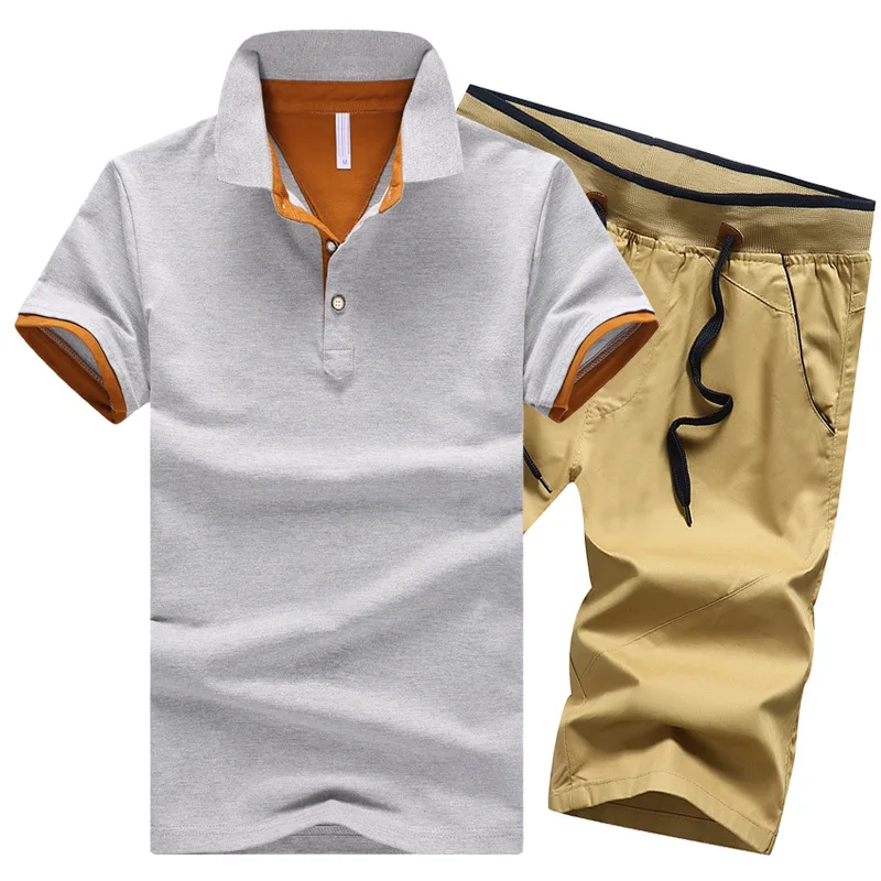 grey501 khaki K511 Хлопковые мужские комплекты, летние рубашки поло на пуговицах, мужские шорты с отложным воротником, 4XL, Мужская одежда, комплект из 2 предметов, спортивный костюм, шорты с эластичным поясом - Цвет: grey501 khaki K511