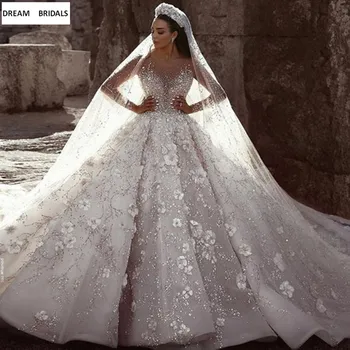 شراءعالية الجودة الكرة ثوب الفاخرة Vestido دي Noiva 2019 طويلة الأكمام الثقيلة الديكور مطرزة الزهور الزفاف فساتين مخصص