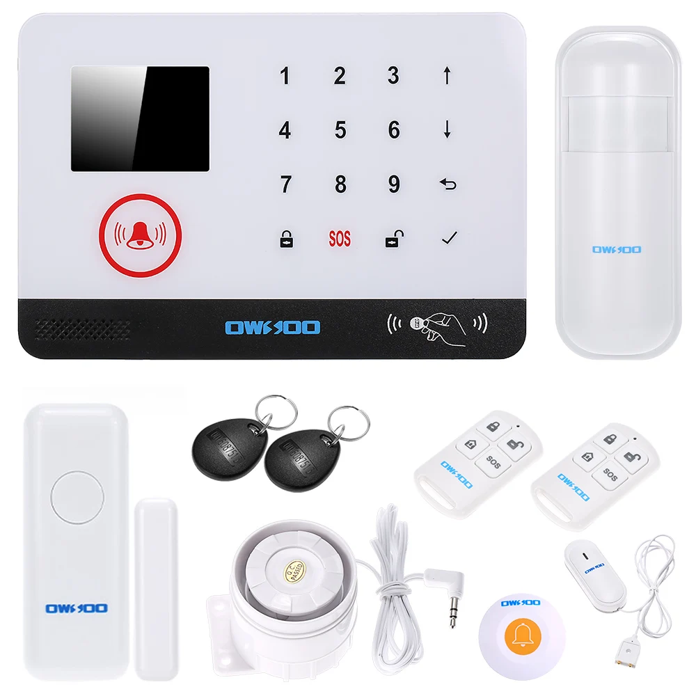 

OWSOO Wireless Alarm Security System 433MHz LCD Display Wired Siren Kit Water Sensor RFID Card Intruder Security Alarm System