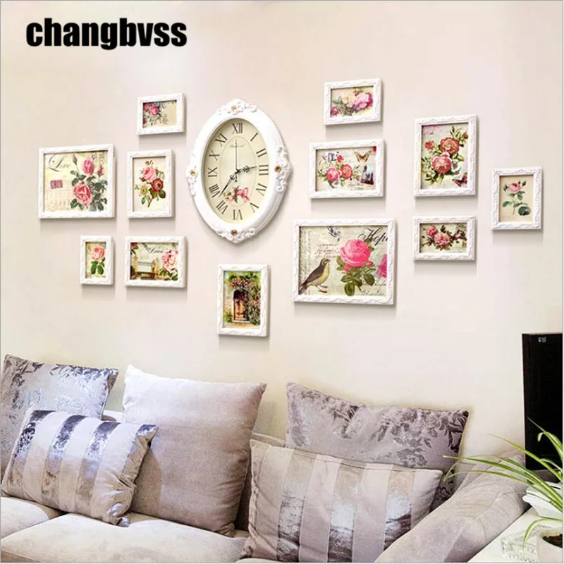 12pcsset rose design photo frame wall with clock white wooden wall hanging picture frame - Wall Hanging Photo Frames Designs 12pcsset rose design photo frame wall with clock white wooden wall hanging picture frame - Wall Hanging Photo Frames Designs