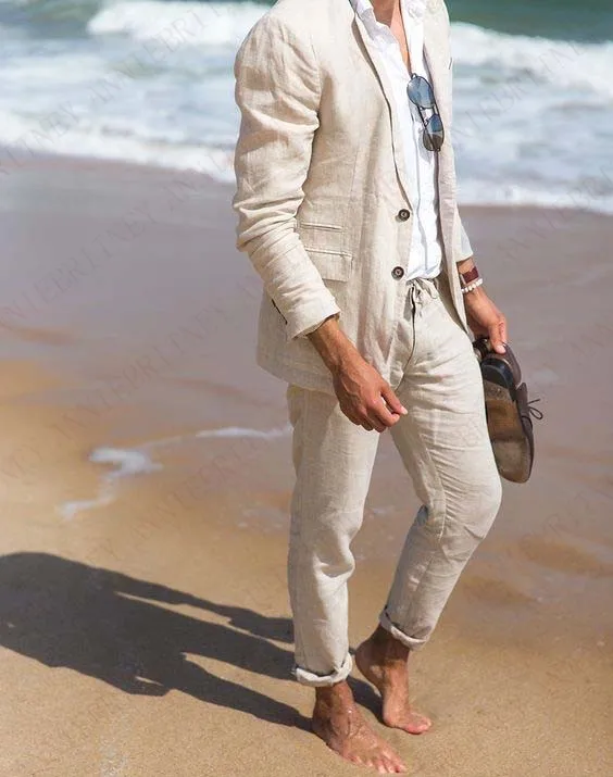 Classic Beige Linen Beach Men Suits 