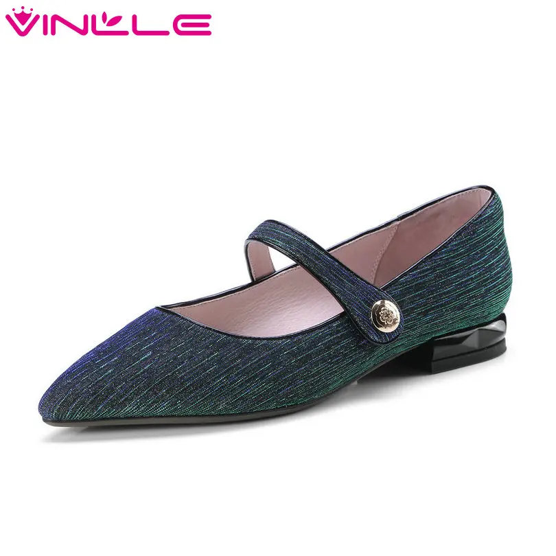 

VINLLE 2018 Women Shoes Genuine Leather Solid Square Low Heel Slip On Platform Buckle Elegant Ladies Casual Pumps Size 34-42