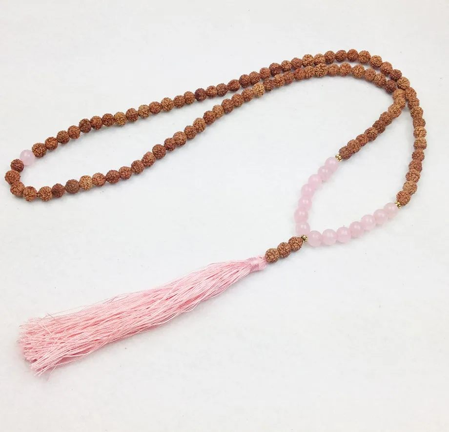 

Natural Rose Stone 108 Mala Bead Heart Chakra Necklace Bohemian Tassel Necklace Rudraksha Prayer Beads Fashion Jewelry